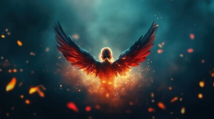 Fototapeta premium Majestic fiery phoenix rising amidst colorful embers in night sky