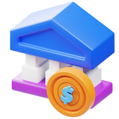 3D Rendered Bank Building with Dollar Coin Currency Finance Illustration
