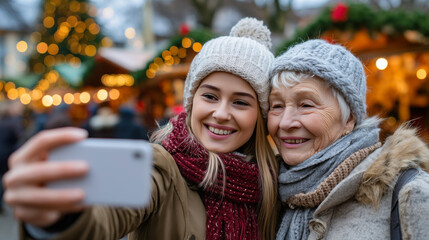 Grandmother and granddaughter take a selfie in front of a Christmas market. Merry Christmas!