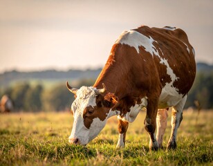 Cow grazing on grassy field, with brown and white markings