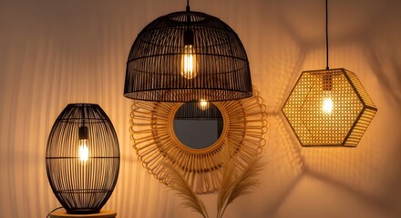 Boho chic inspired scene with black wicker dome pendant, black wire oval lamp and hexagonal rattan light, warm bulbs illuminating beige wall with woven round mirror and soft pampas grass accent.