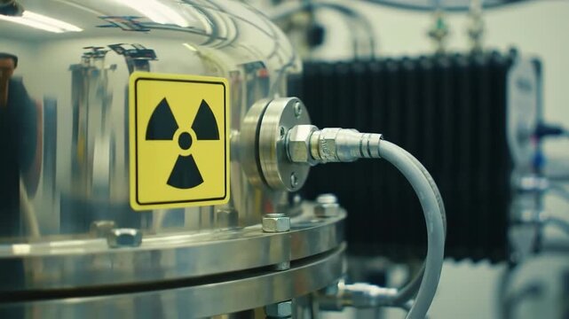 Yellow Radiation Symbol on Shiny Silver Metal Machine in Laboratory