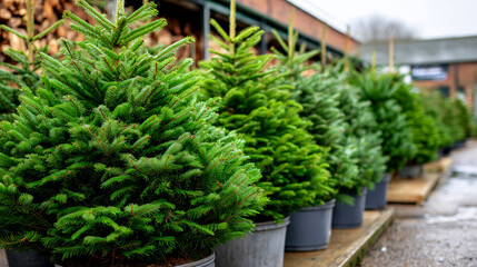 Row of potted Christmas trees are lined up on a sidewalk. The trees are all green and appear to be fresh