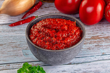 Bulgarian traditional lutenica pepper sauce