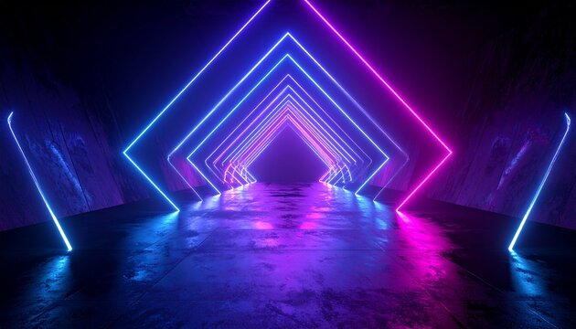 Futuristic tunnel with geometric archways illuminated in alternating blue and purple neon lights, creating a symmetrical perspective and glowing reflections on the floor.