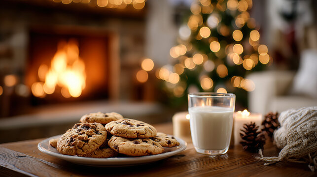 Plate of cookies and a glass of milk are on a table in front of a fireplace. The scene conveys a cozy and warm atmosphere, perfect for enjoying a hot beverage and a sweet treat on a cold day