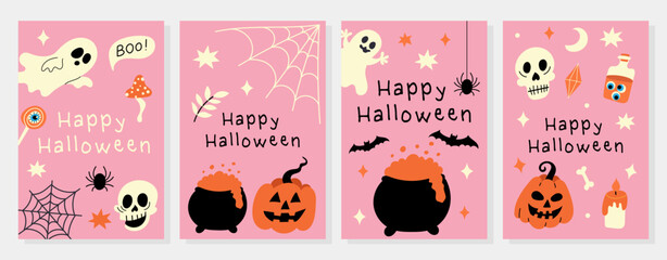Set of cute Halloween greeting cards in pink color palette featuring ghosts, pumpkins, and spider webs. Flat vector style for decoration and design projects.