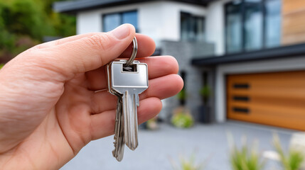 A man holding a key in his hand, with a modern house in the background. Real estate buying concept.