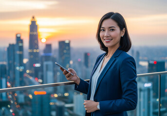 Young busy successful beautiful Asian business woman, korean professional businesswoman holding cellphone using smartphone standing or walking on big city urban street outside.