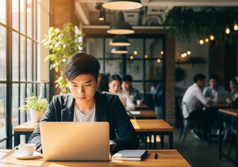 mature businessman using laptop computer in cafe sharing successful business ideas on social media independent entrepreneur drinking coffee working enjoying relaxed lifestyle