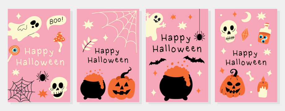 Set of cute Halloween greeting cards in pink color palette featuring ghosts, pumpkins, and spider webs. Flat vector style for decoration and design projects.