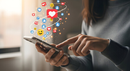 Social Media Engagement & Online Interaction: Smartphone with Floating Emoji & Icons