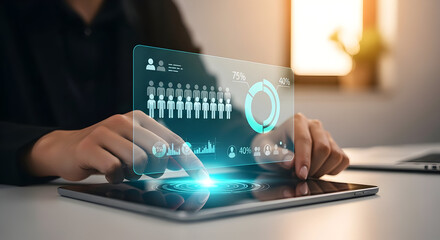 Digital Analytics & Interactive UI: Holographic Data on Tablet Interface