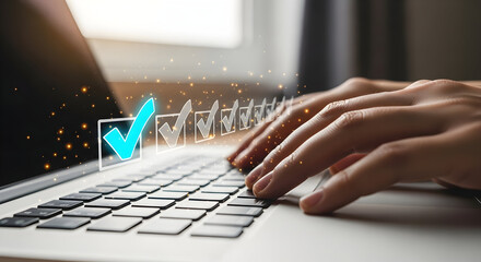 Productivity in Action: Typing on Laptop with Digital Checkmark
