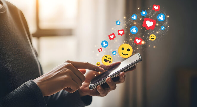 Social Media Engagement & Online Interaction: Smartphone with Floating Emoji & Icons
