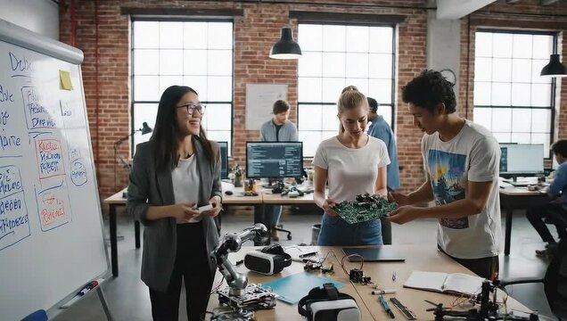 Tech Team Innovation: A group of collaborative young professionals working on a technological project in a modern office space, showcasing collaboration and creativity.