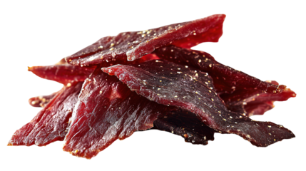 Hand-Painted Beef Jerky Strips: Savory Dried Meat Snacks On White Background