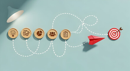 Goal Setting & Strategic Planning: Paper Airplane to Target with Icon Path