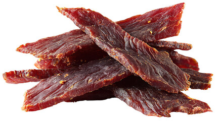 Hand-Painted Beef Jerky Strips: Savory Dried Meat Snacks On White Background
