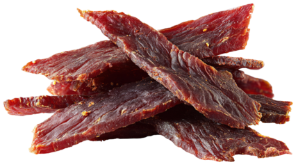 Hand-Painted Beef Jerky Strips: Savory Dried Meat Snacks On White Background