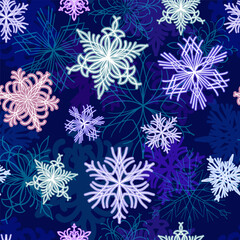 A snowfall of graceful snowflakes. A seamless pattern with a variety of snowflakes on a dark blue background. Perfect for Christmas, New Year, and other winter occasions. Vector
