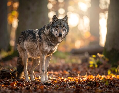 Gray wolf in autumn forest, sunlit foliage backdrop