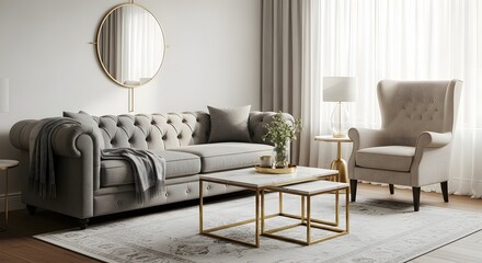 Elegant living room with tufted grey velvet sofa, beige wingback armchair, marble and gold nesting tables, round brass wall mirror, grey throw blanket, neutral rug and soft curtain lighting.