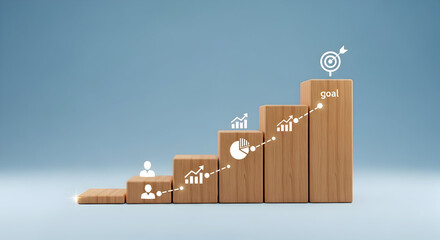 Growth & Success: Rising Bar Chart on Wooden Blocks with Target