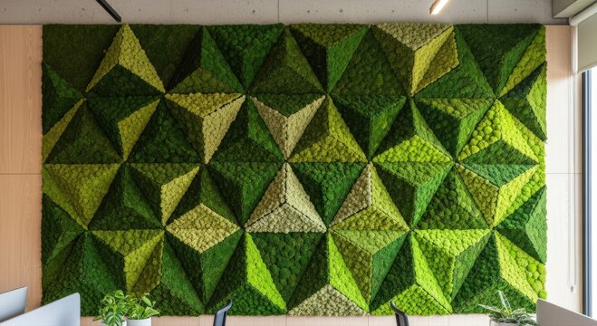 Stunning geometric moss wall bringing biophilic design and natural elegance to modern office spaces
