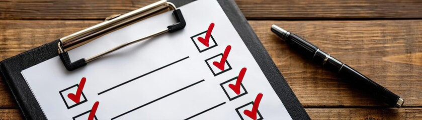 Clipboard with rules checklist and red checkmarks concept. A checklist on a clipboard with checked items and a pen.