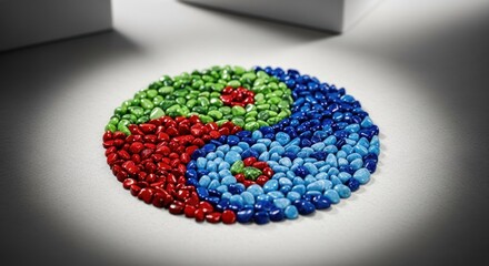 Yin Yang symbol made of small, colorful pebbles under soft light
