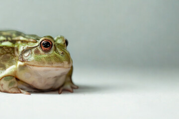 Close up portrait of a green frog with red eyes on a white surface