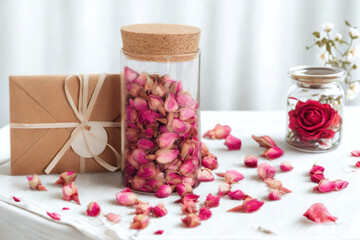 Dried rose petals in glass jars with gift box