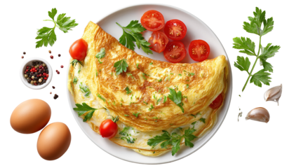 Omelet with parsley, cherry tomatoes, and copyspace