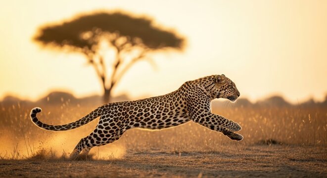 Majestic leopard in full stride across african savannah at sunrise