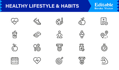 Healthy Lifestyle And Habits Modern Minimal Line Icon Collection Focused on Wellness, Discipline, Balance, and Daily Positive Routines