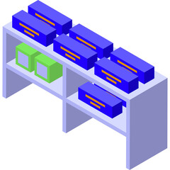 Isometric illustration of blue and green rectangular boxes arranged on a light purple shelf against a transparent background clean design with graphic elements for storage and organization concepts