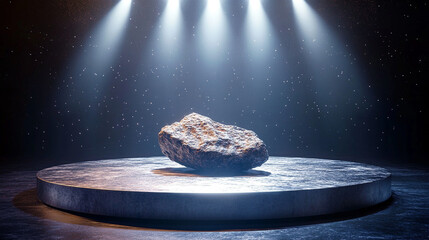 A meteorite sample displayed on a stainless steel tray under a focused spotlight. Hyperrealistic detail highlights science, discovery, and the mystery of outer space in a clean laboratory setting.