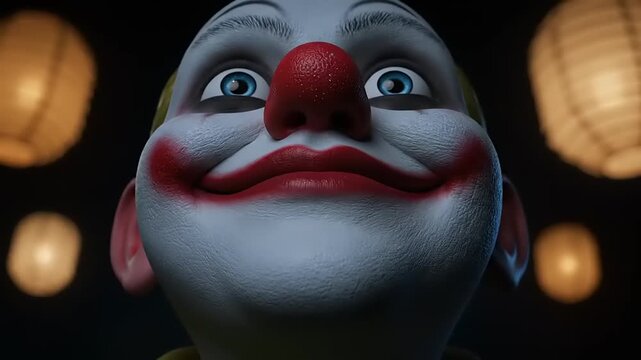 Creepy clown stares intensely with a menacing smile in a dimly lit circus tent, creating a chilling and unsettling atmosphere.