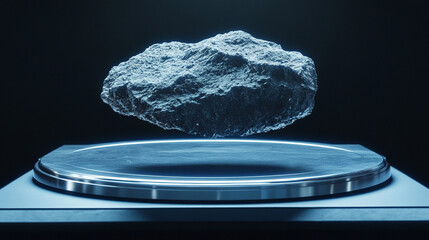A meteorite sample displayed on a stainless steel tray under a focused spotlight. Hyperrealistic detail highlights science, discovery, and the mystery of outer space in a clean laboratory setting.
