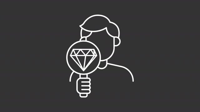 Animated jewellery appraiser white line icon. Pawnbroker looking at gem through magnifying glass animation. Evaluation of gemstone. Isolated element on dark background. Alpha transparent video