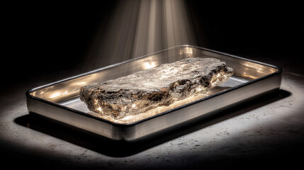 A meteorite sample displayed on a stainless steel tray under a focused spotlight. Hyperrealistic detail highlights science, discovery, and the mystery of outer space in a clean laboratory setting.