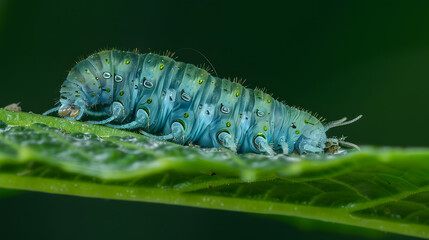 Blue caterpillar on green leaf