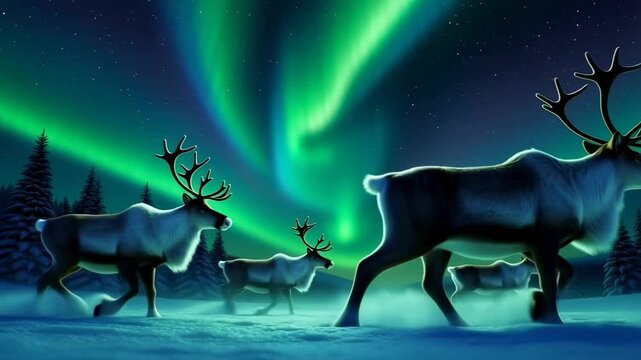 Herd of reindeer walking under the aurora borealis