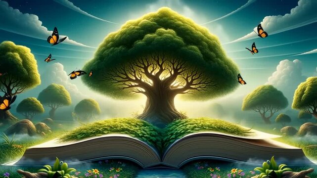 Magical open book with a tree and butterflies