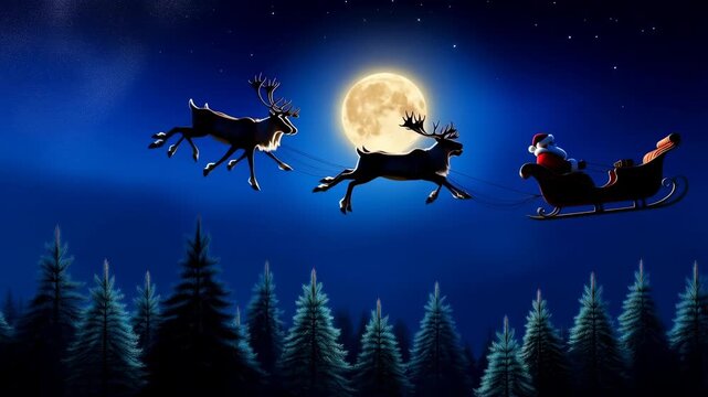 Santa's sleigh pulled by reindeer across a full moon night sky