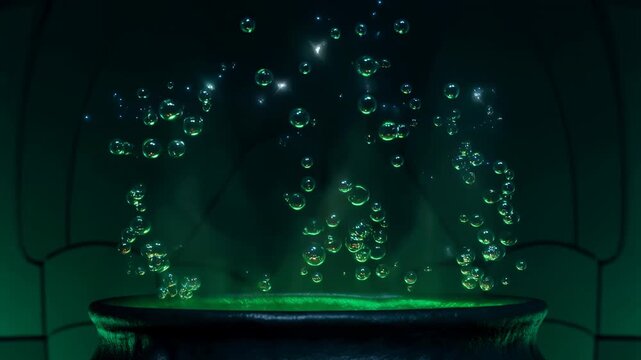 Bubbling green potion in a cauldron with mystical steam