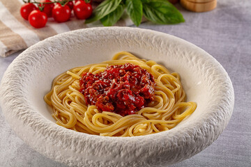 Italian pasta spaghetti bolognese with minced beef meat and tomato sauce