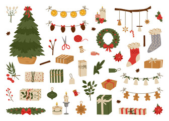 New Year natural decor. Hand drawn Christmas tree, kraft gift box, candle, holly berry, gingerbread cookie, garland, stocking, dried orange on ribbon. Winter holiday eco items. Vector illustration.