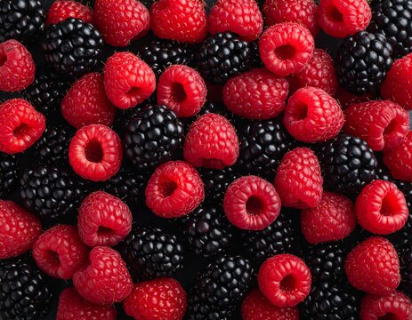 Close-up of mixed red raspberries and black blackberries